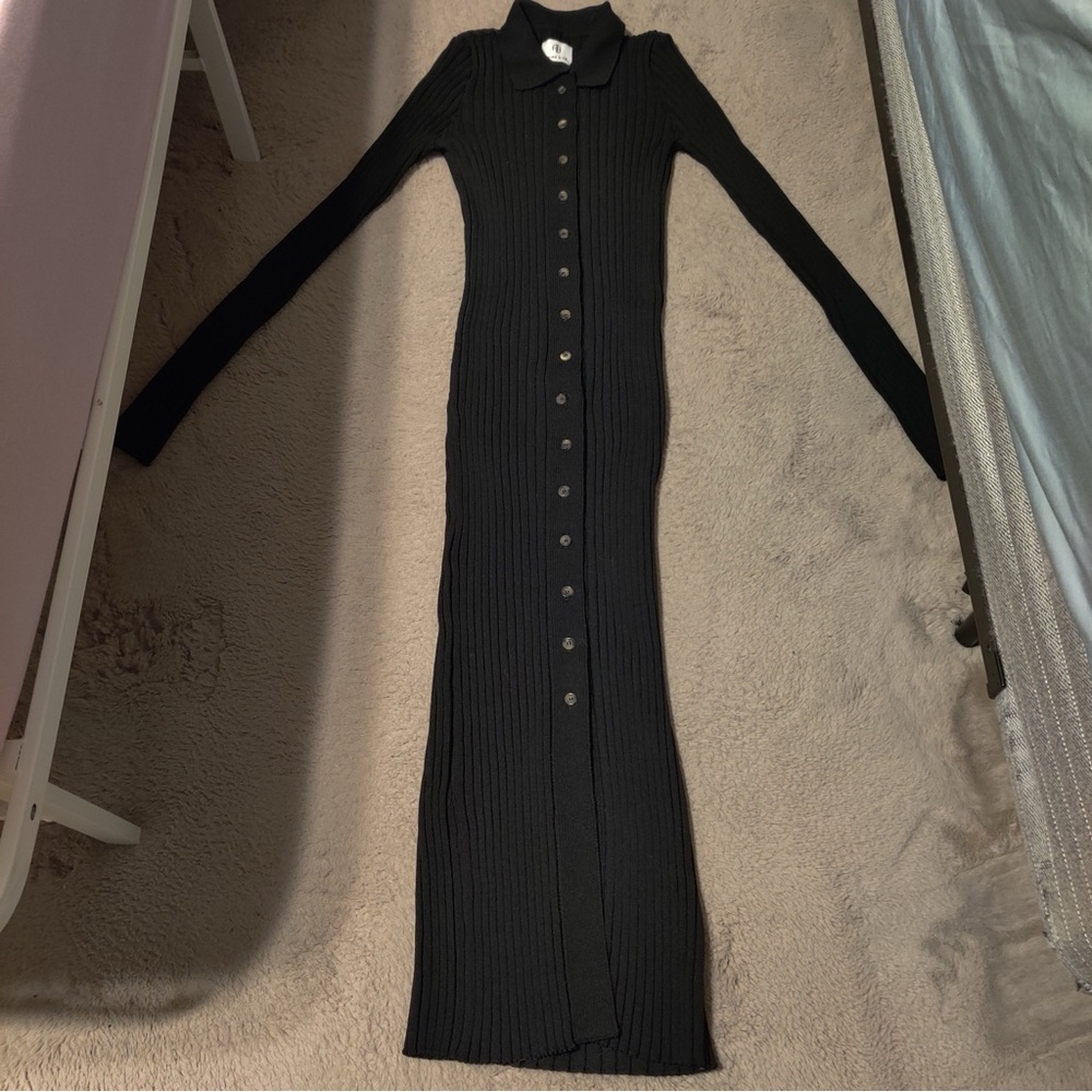 Anine Bing Joslyn Midi Dress Black Long Sleeve Knit Sweater Button Front Ribbed - Picture 2 of 7